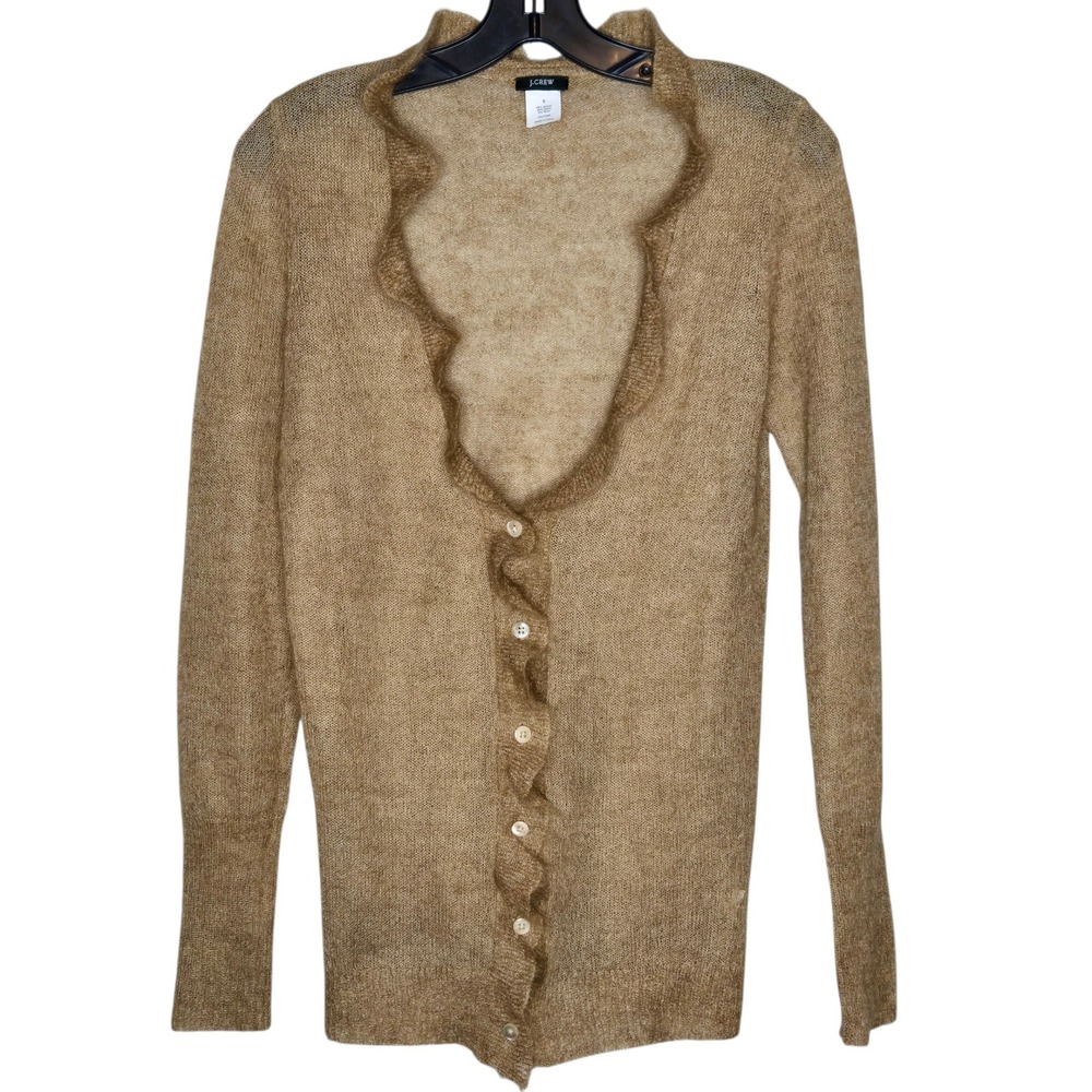 J.Crew Mohair Wool Cardigan Sweater Small Tan Brown Ruffle Trim V Neck Twee Cozy